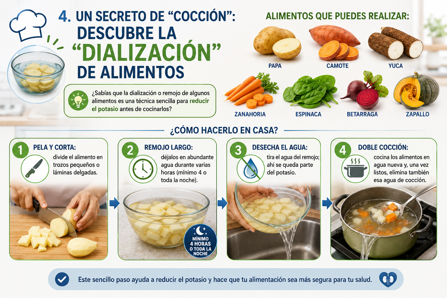 Técnica de remojo para reducir el potasio de los alimentos