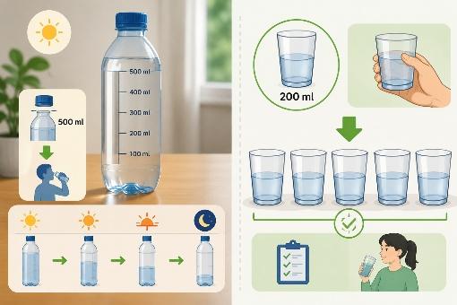 Vaso y botella con medidas para controlar el líquido